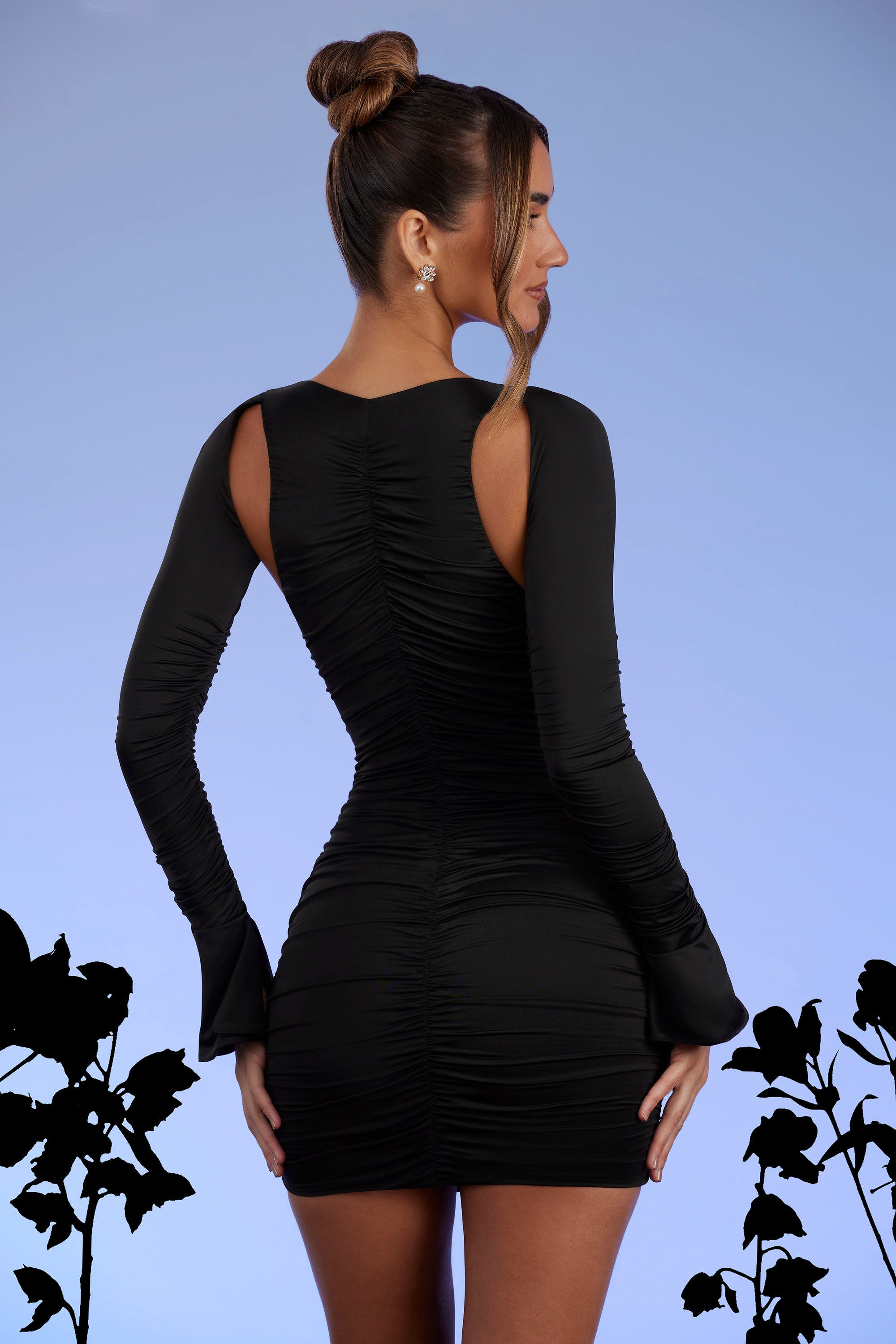 Zurich Low Plunge Ruched Mini Dress in Black - Image 2