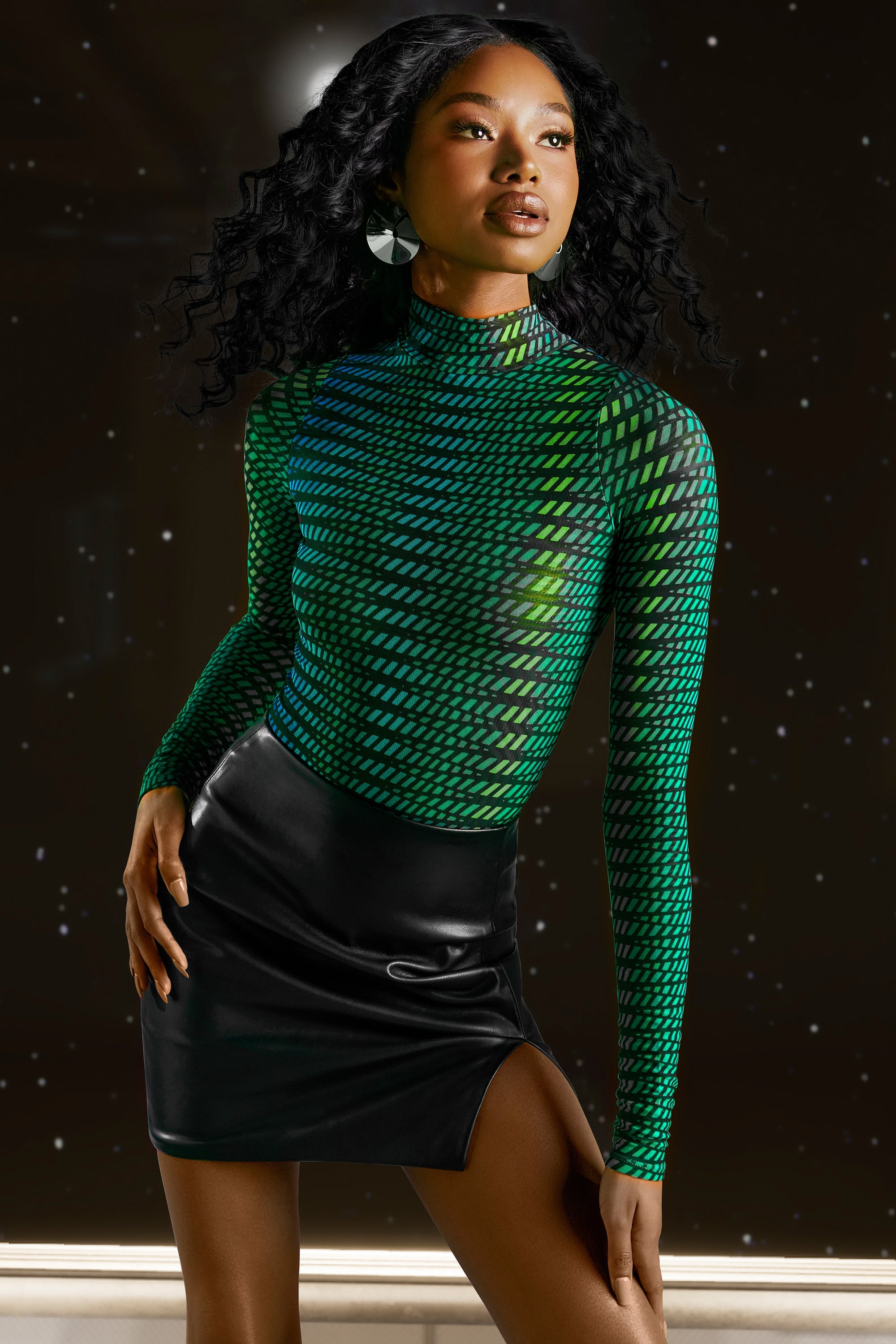 Figure It Out High Neck Mesh Bodysuit In Striped Print