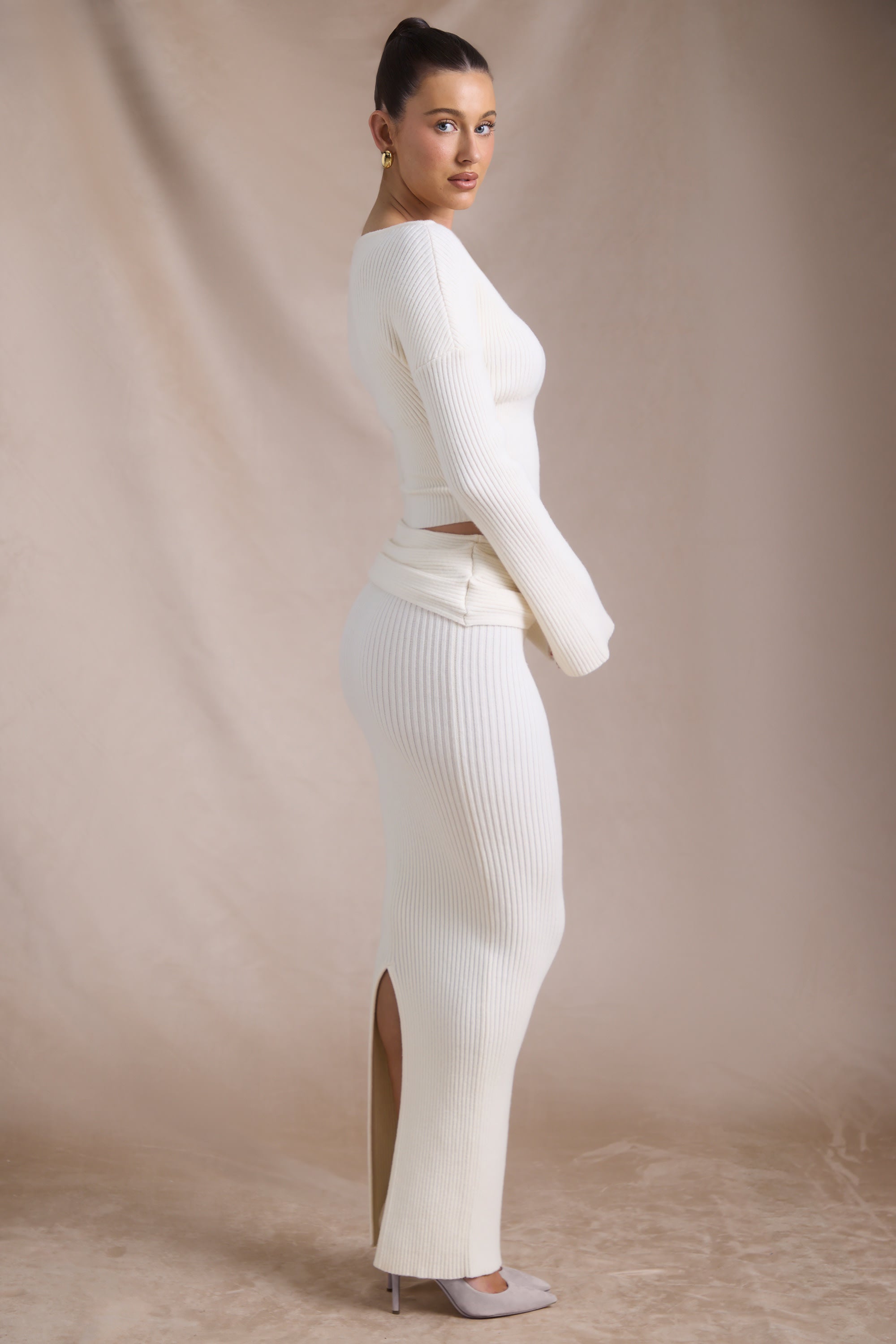 Edalene Ribbed-Knit Foldover Maxi Skirt in Ivory - Image 3