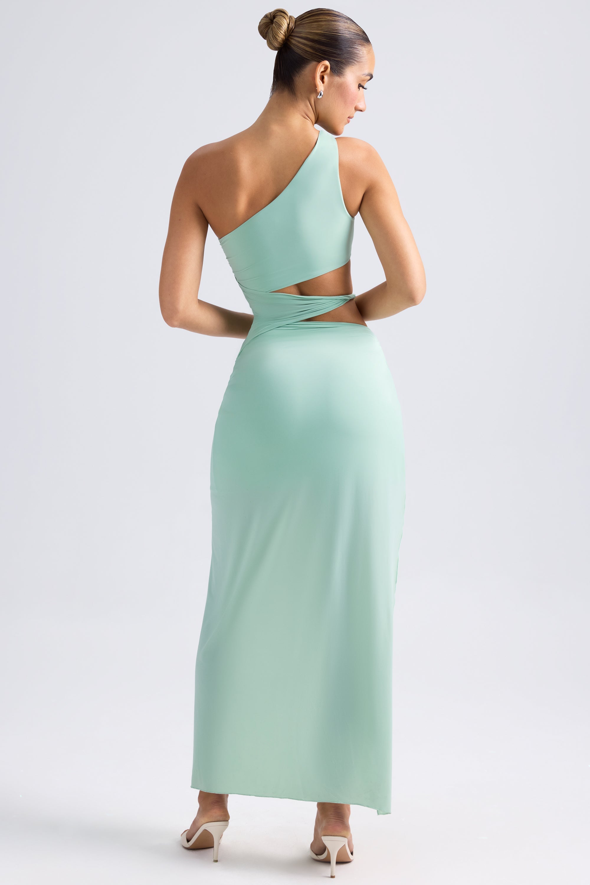 Sarjena One-Shoulder Draped Cut-Out Maxi Dress in Pastel Green - Image 2