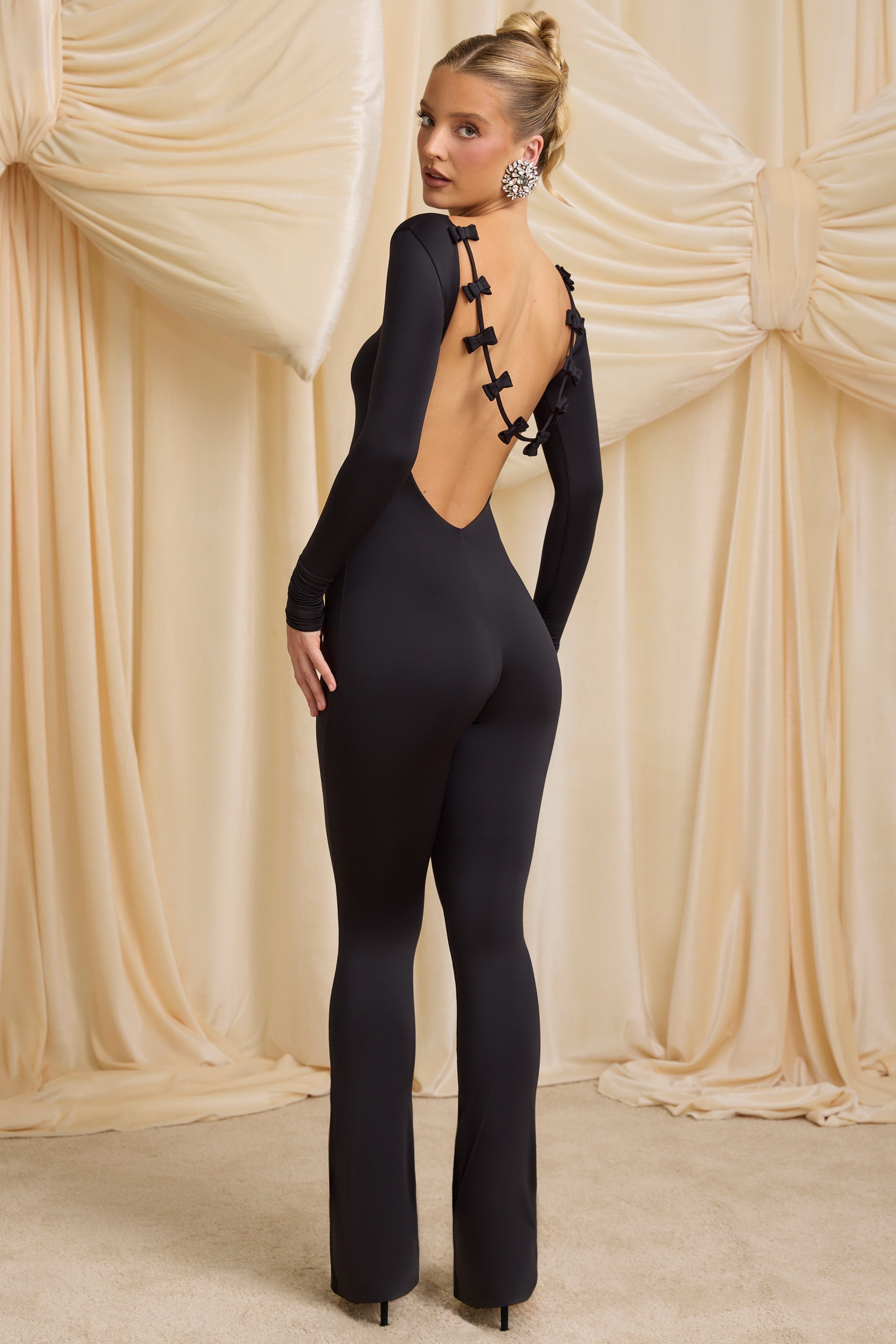Eulalie Slinky Jersey Bow-Detail Jumpsuit in Black