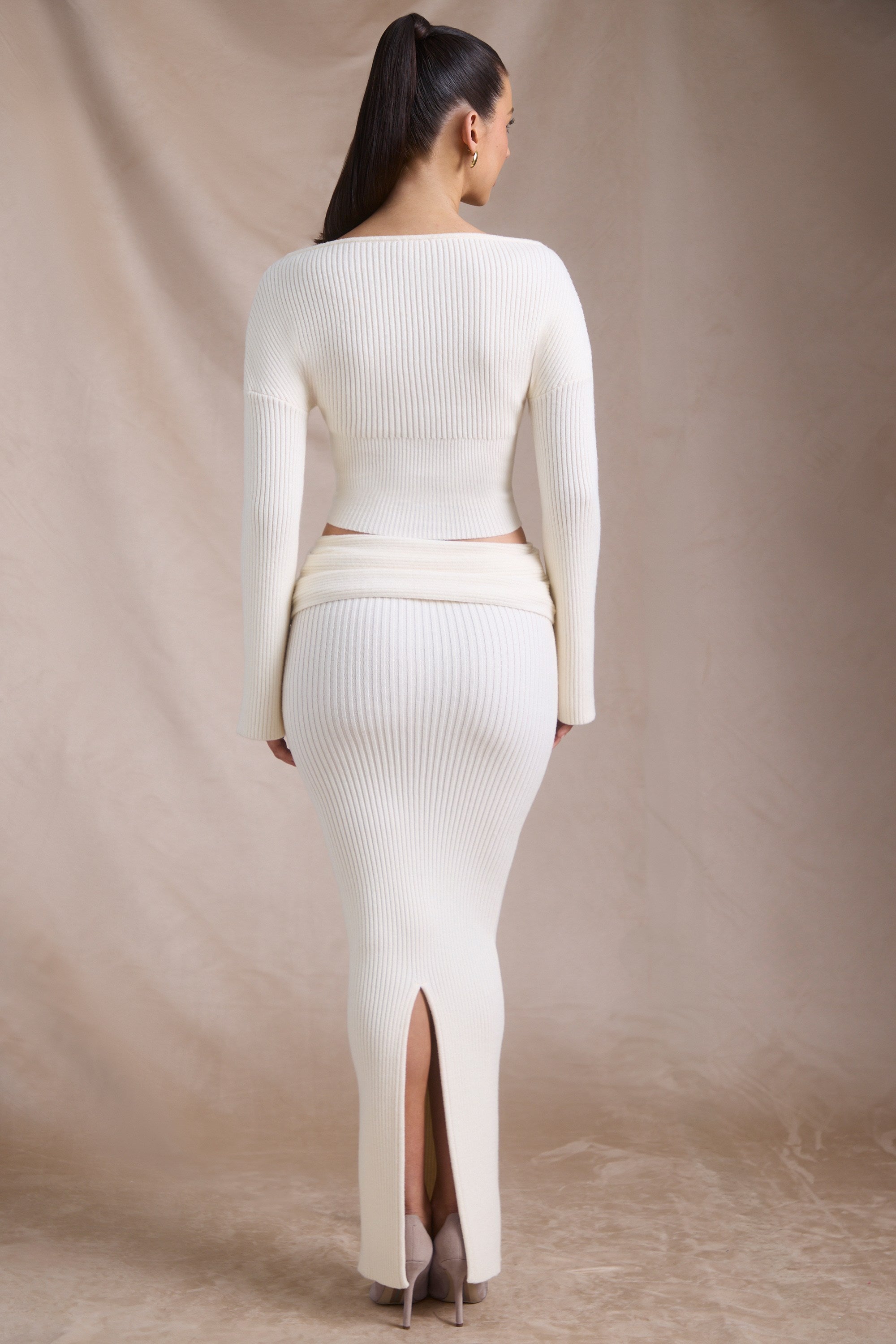Edalene Ribbed-Knit Foldover Maxi Skirt in Ivory - Image 5