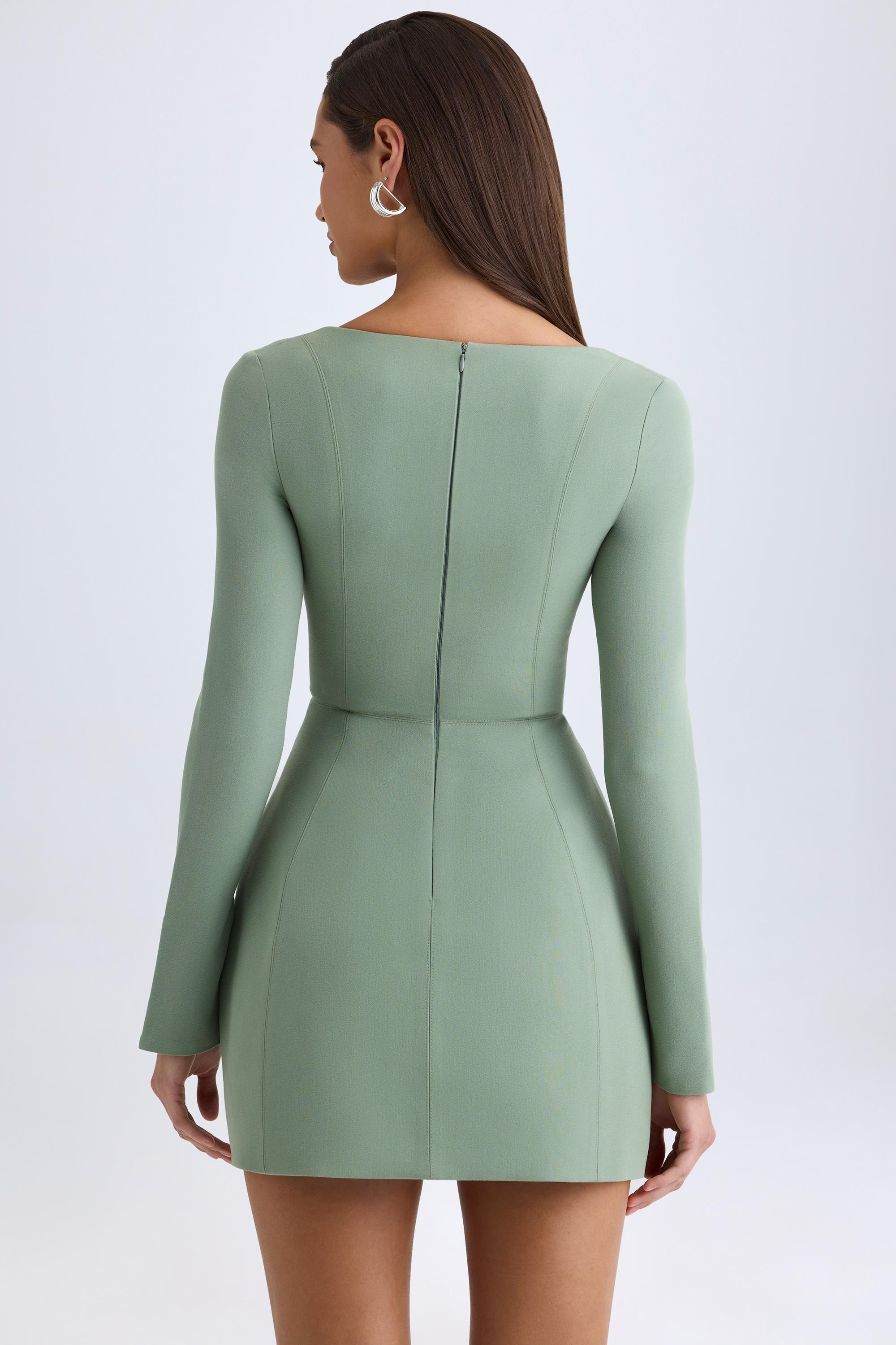 Taesha Square-Neck Structured Tulip Mini Dress in Khaki Green - Image 3