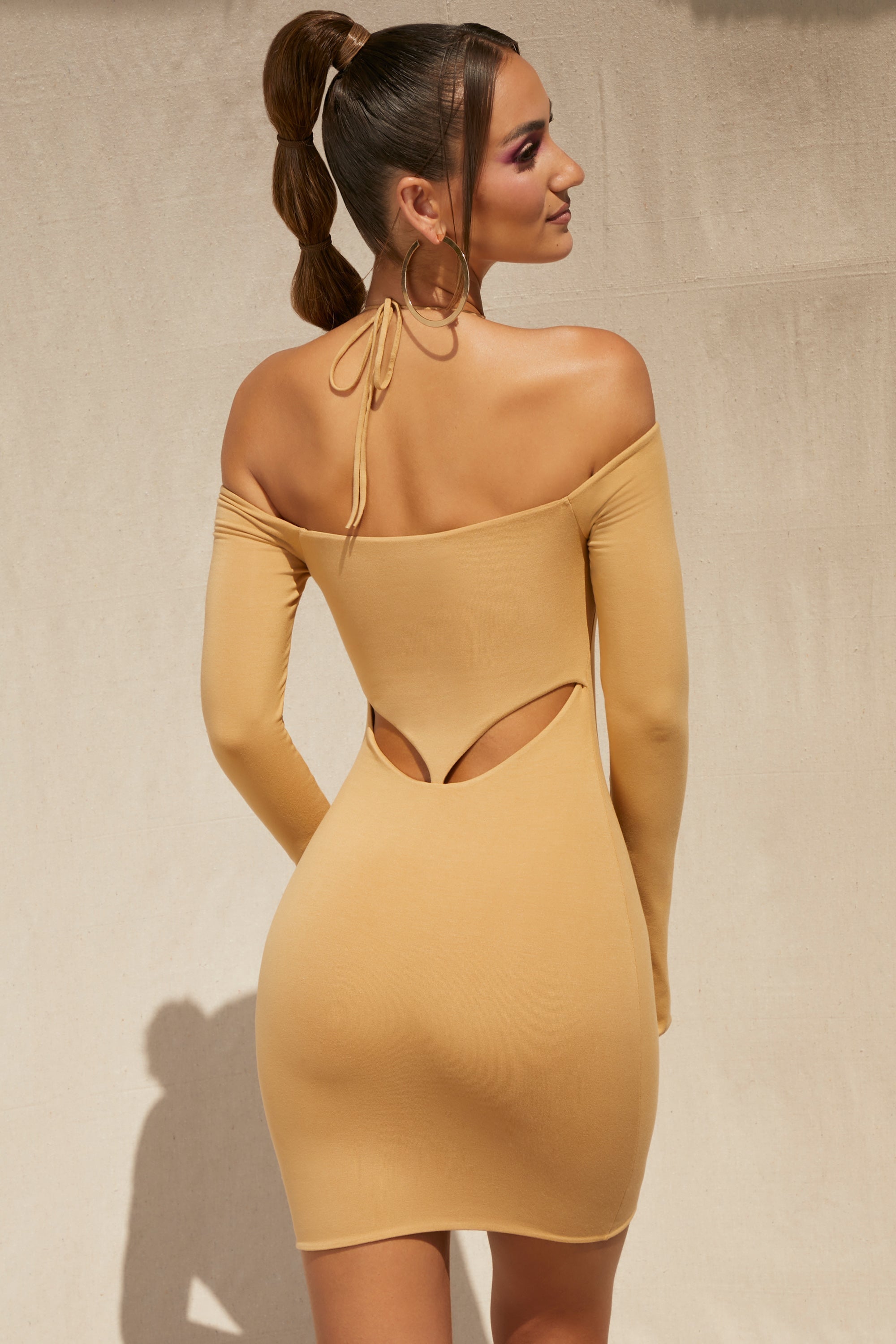 Warm Sands Off The Shoulder Cut Out Mini Dress in Beige - Image 6
