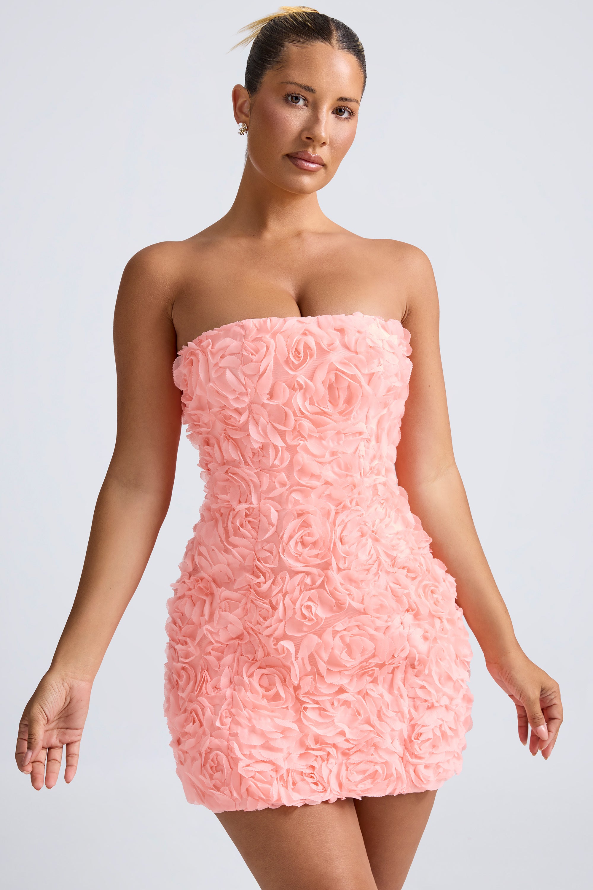 Azaelea Floral-Appliqu?? Bandeau A-Line Mini Dress in Coral