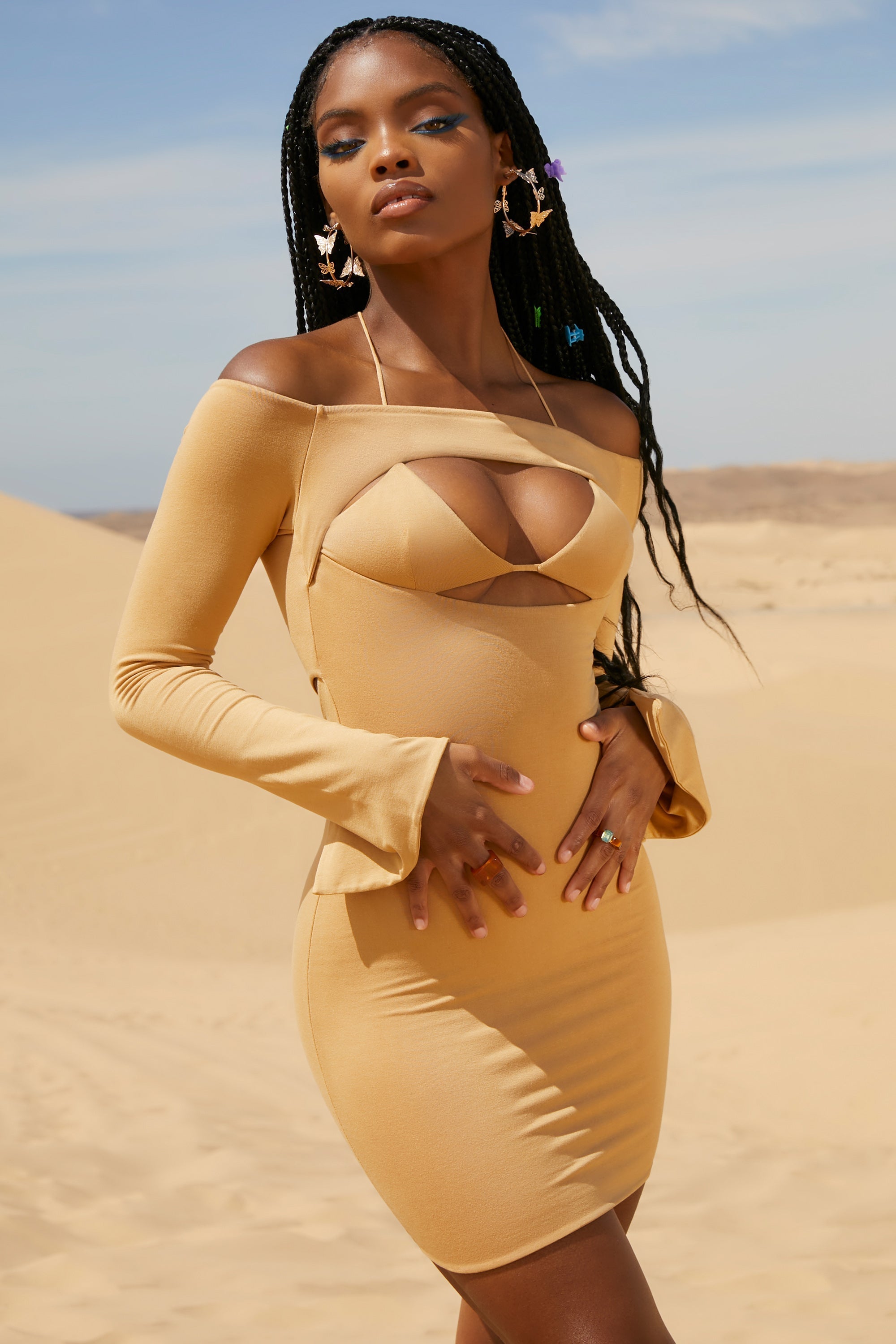 Warm Sands Off The Shoulder Cut Out Mini Dress in Beige - Image 3