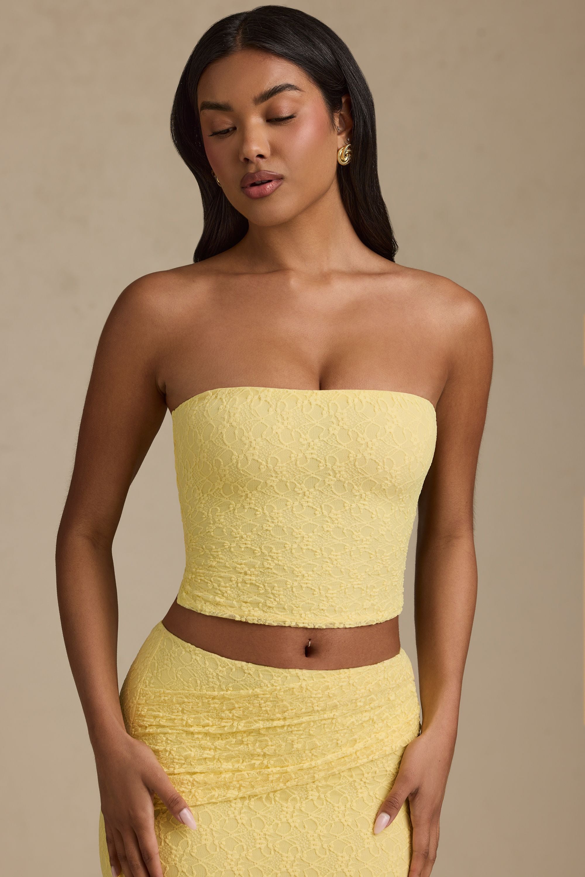 Tamia Ruched Strapless Lace Top in Ivory