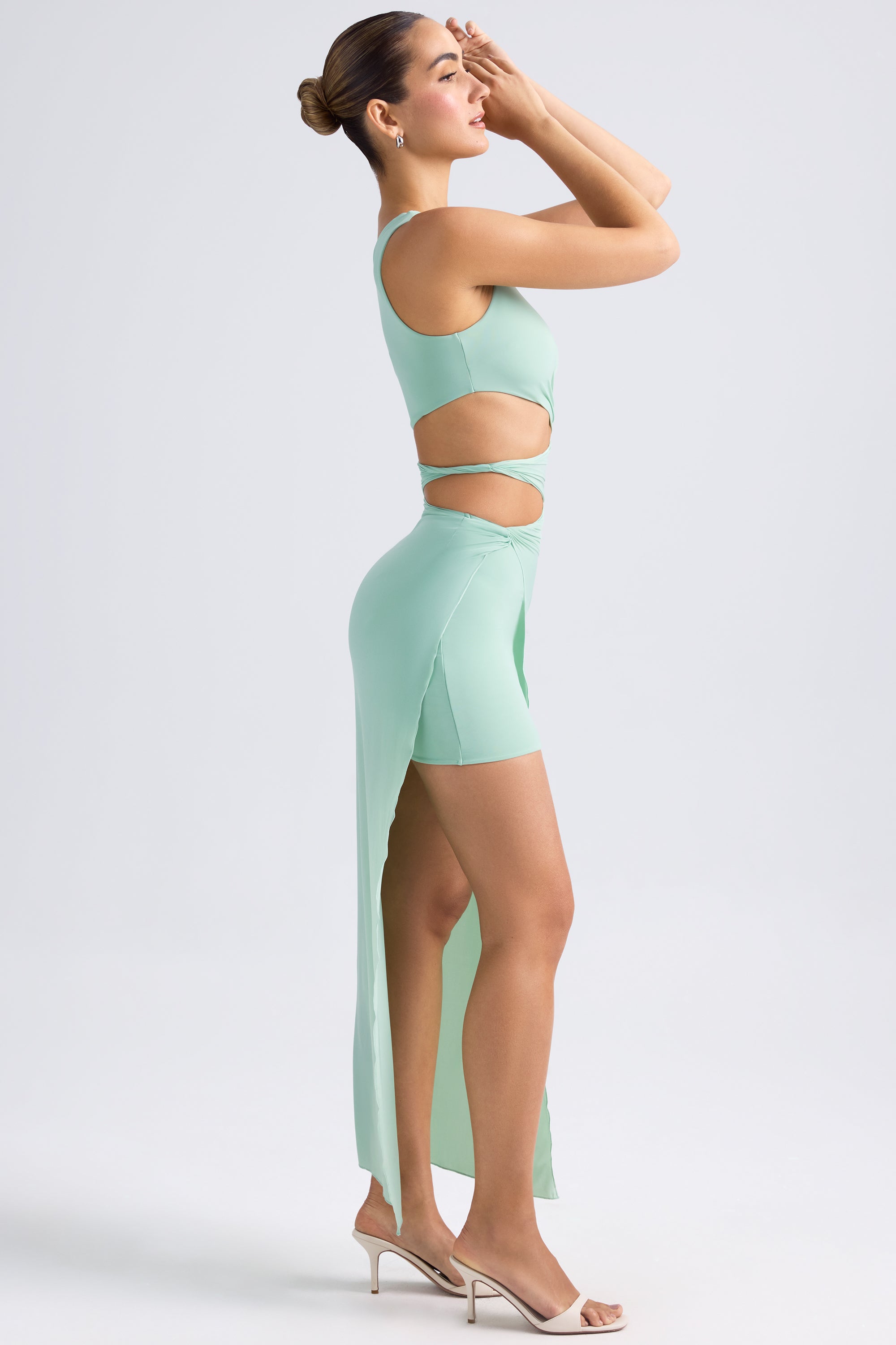 Sarjena One-Shoulder Draped Cut-Out Maxi Dress in Pastel Green - Image 3