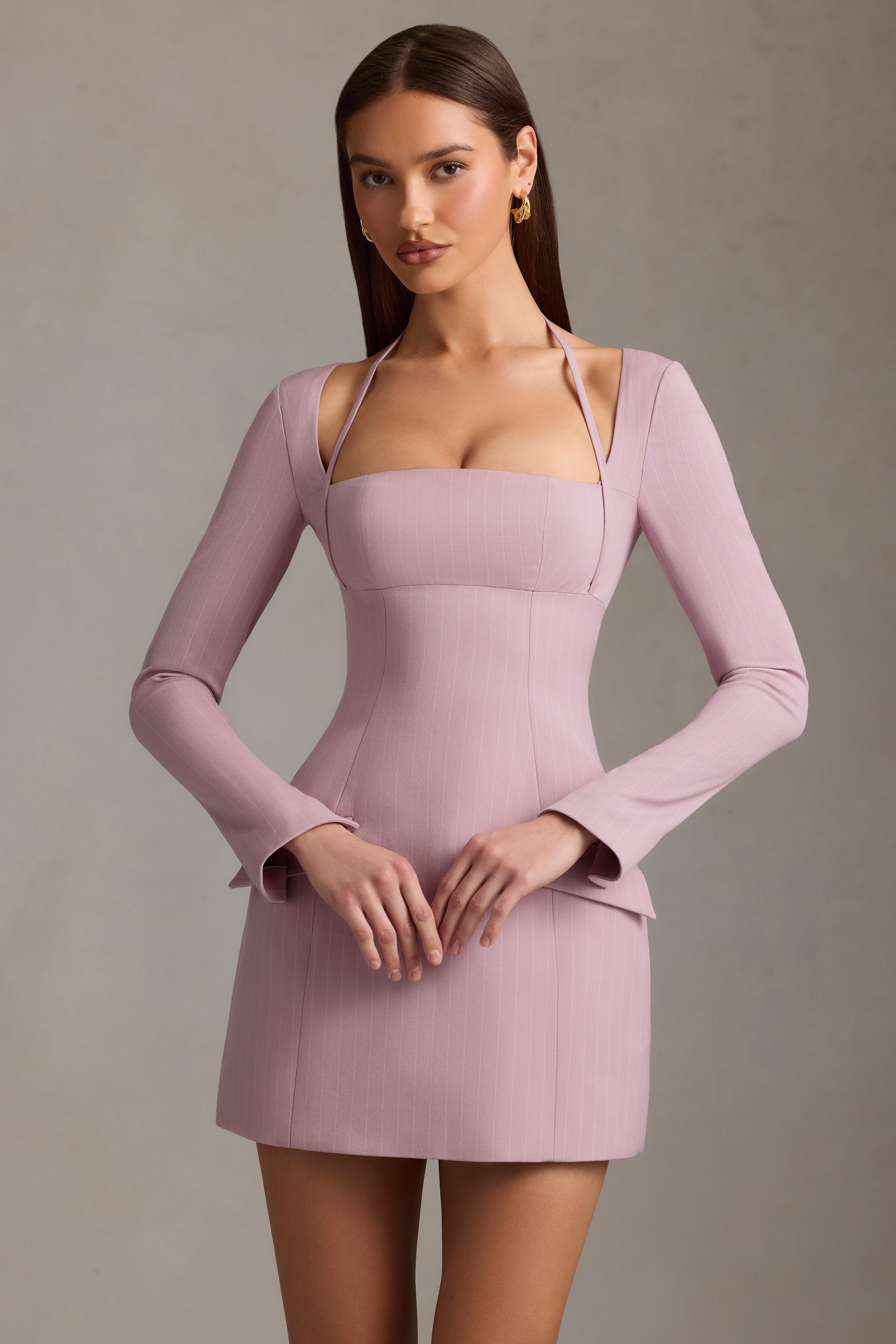 Ksenia Pinstripe Structured A-Line Mini Dress in Mauve - Image 7