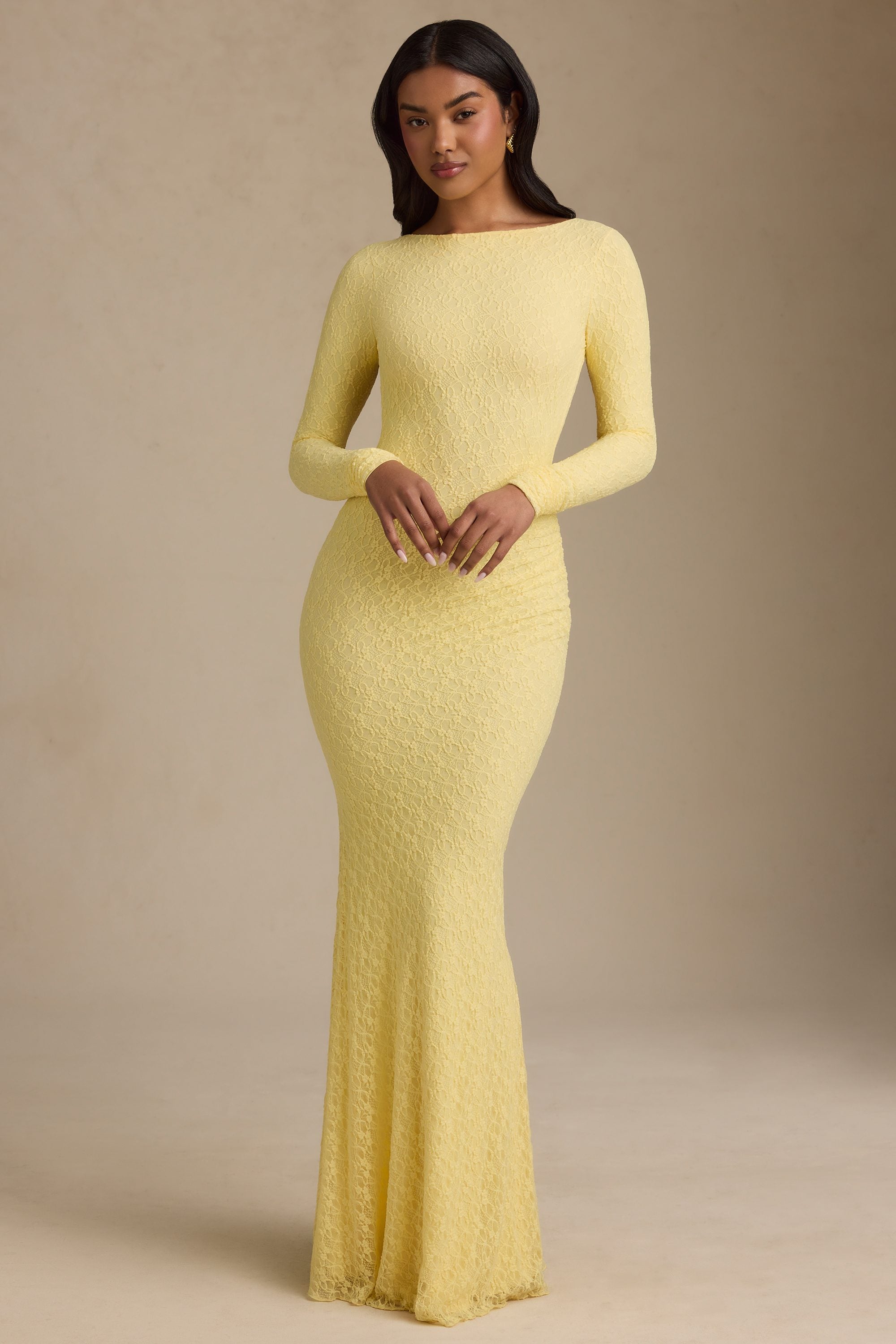 Tarini Ruched Backless Lace Maxi Dress in Pastel Yellow