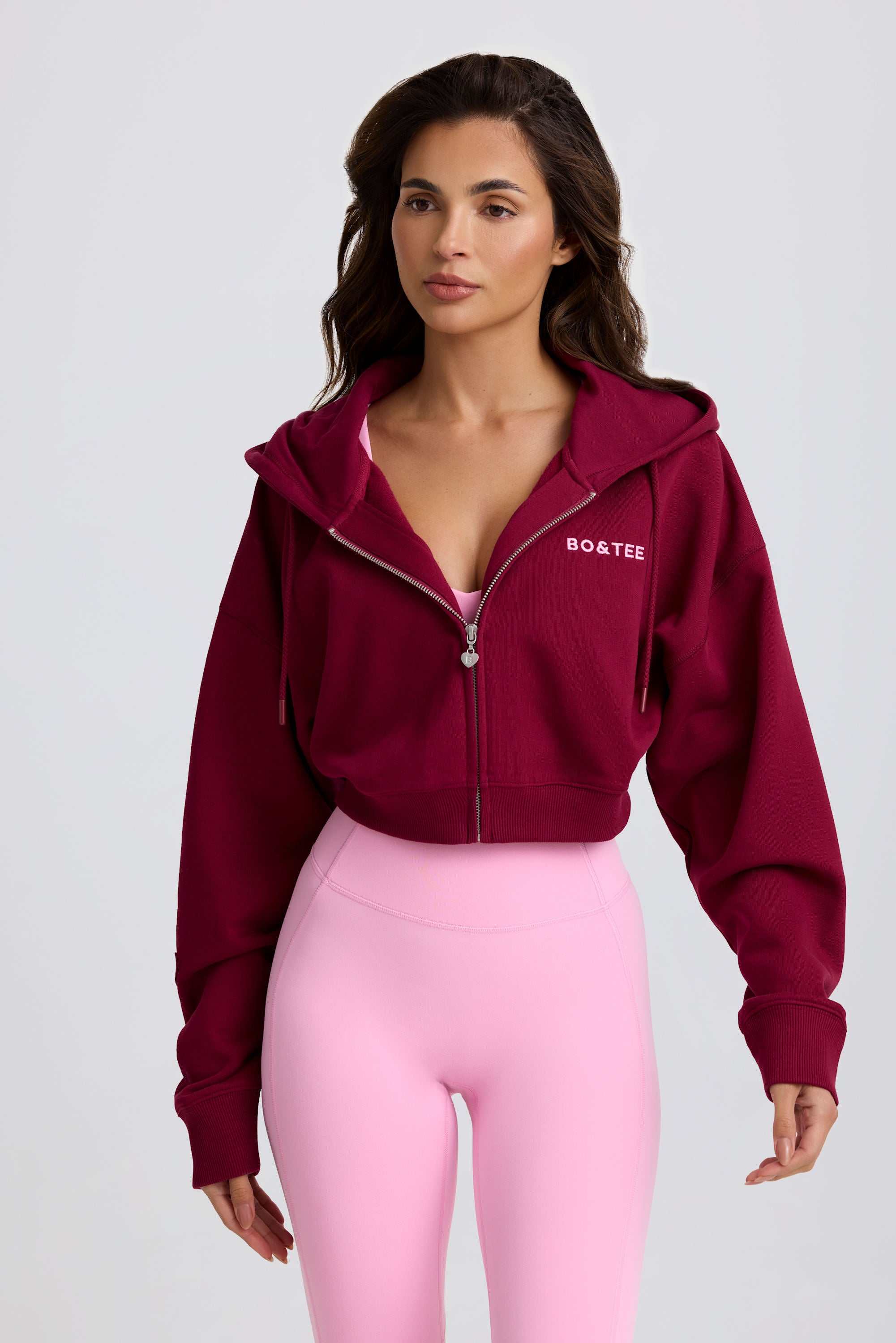 Cropped Zip-Up Hoodie in Burgundy - Image 7