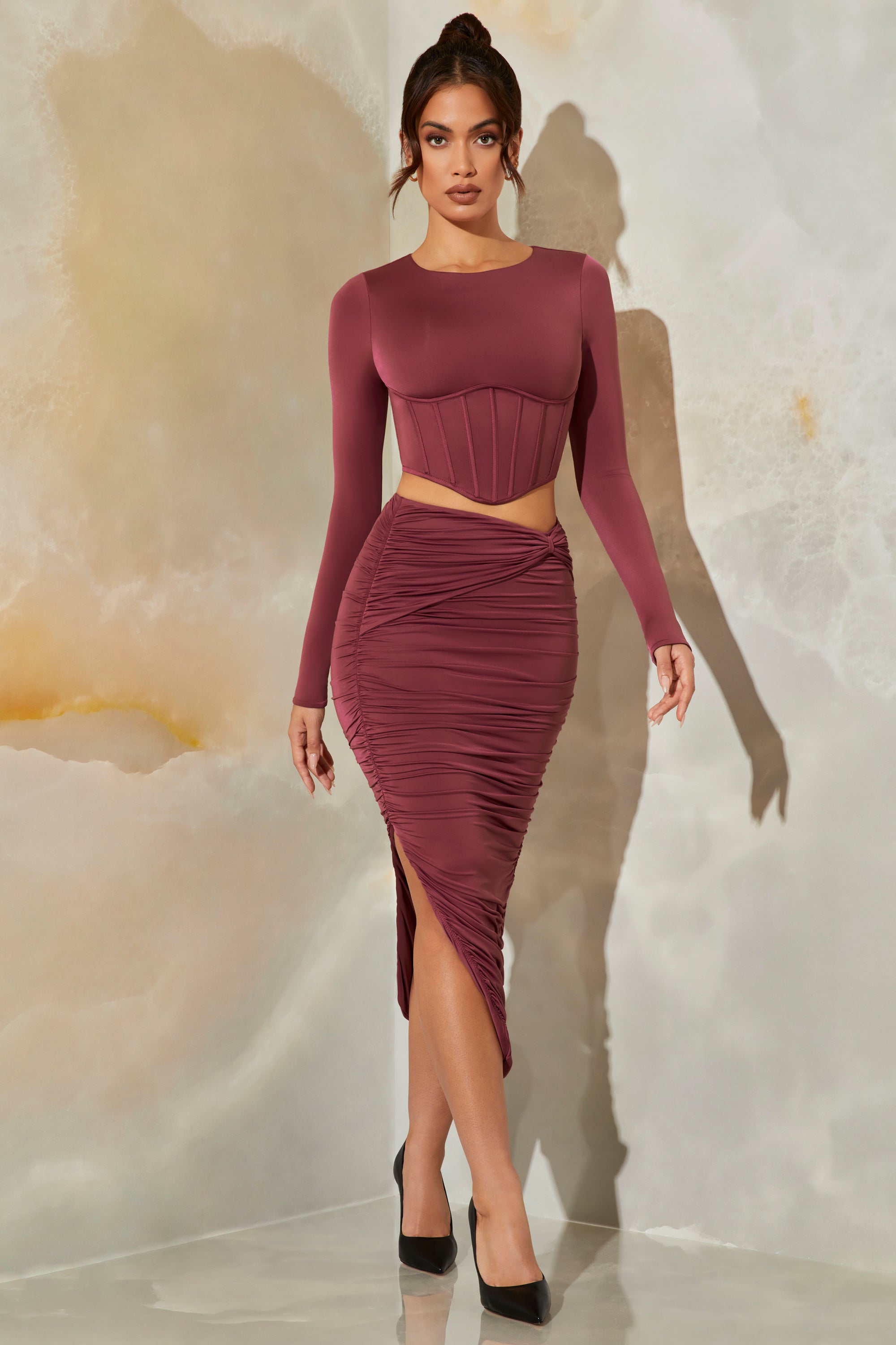 Nova Ruched Maxi Skirt in Dark Mauve