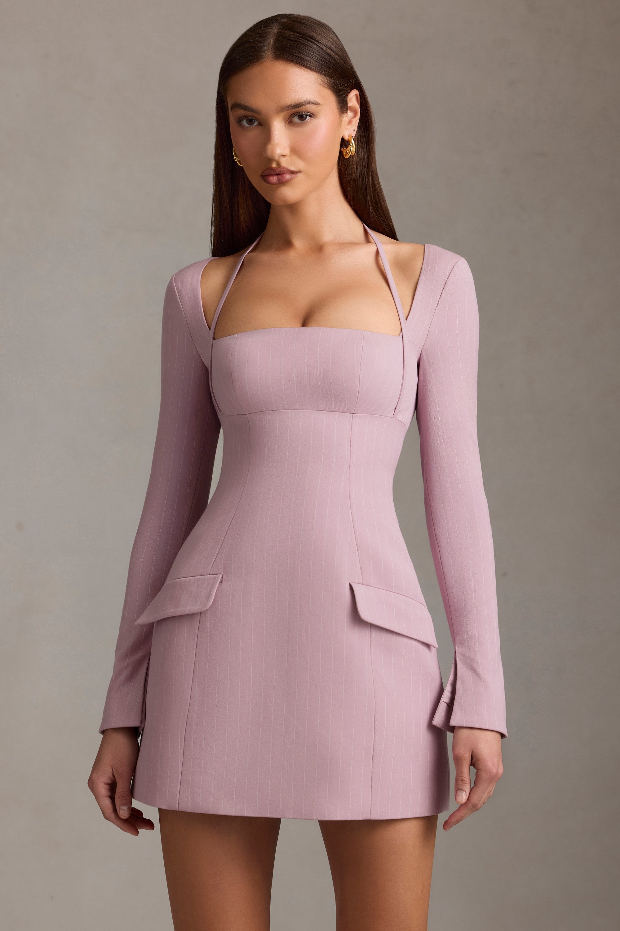 Ksenia Pinstripe Structured A-Line Mini Dress in Mauve - Image 9
