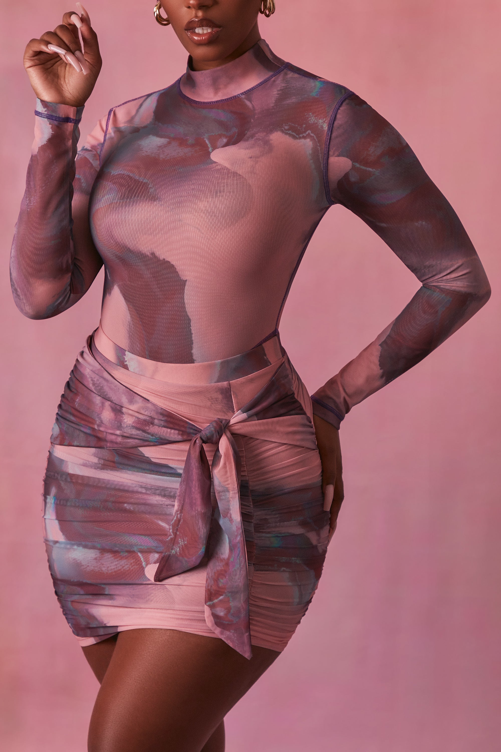 Supernova High Neck Long Sleeve Mesh Bodysuit in Blush - Image 5