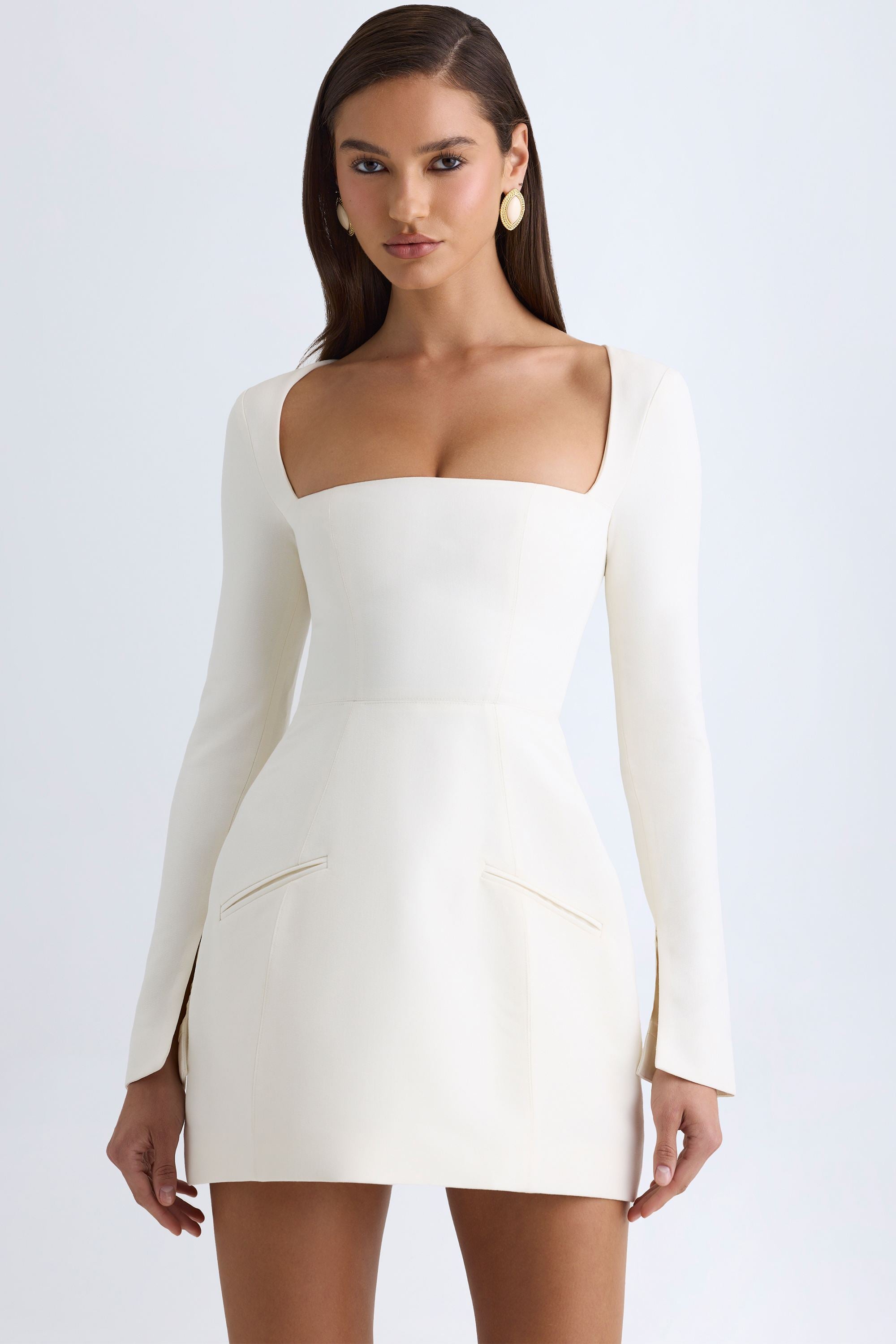 Taesha Square-Neck Structured Tulip Mini Dress in Vanilla - Image 6